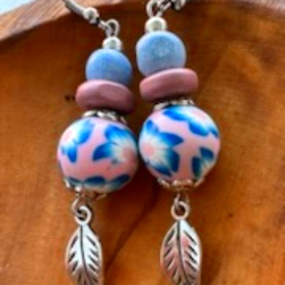 Pink and Blue Floral Bead Earrings with Silver Leaf - Picture 2 of 2